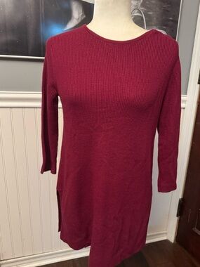 J Jill Shaker Stitch Burgundy Crew Neck Wool Blend Tunic Sweater Size XS Petite